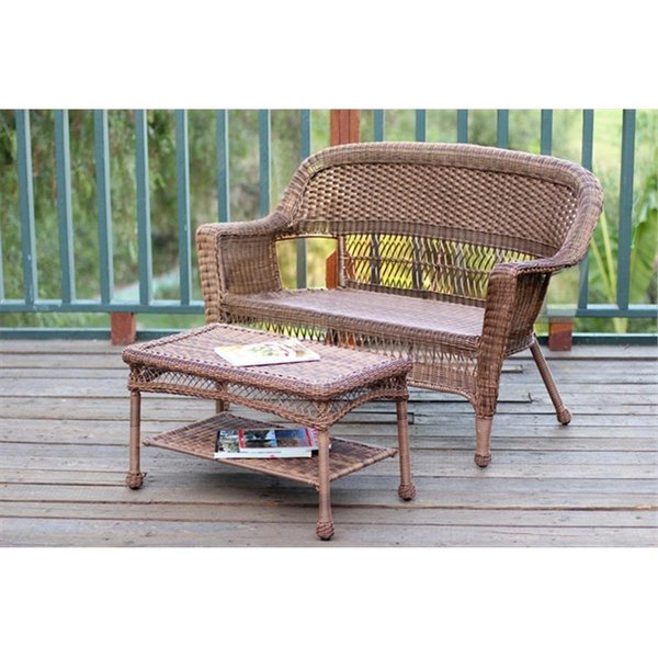 Jeco Honey Wicker Patio Love Seat And Coffee Table Set Without Cushion W00205-LCS